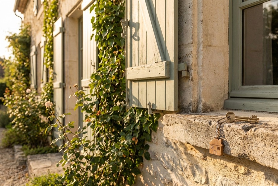 Maison en pierre avec volets verts et clés