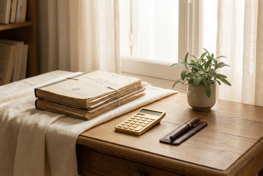 Bureau avec documents fiscaux et calculatrice