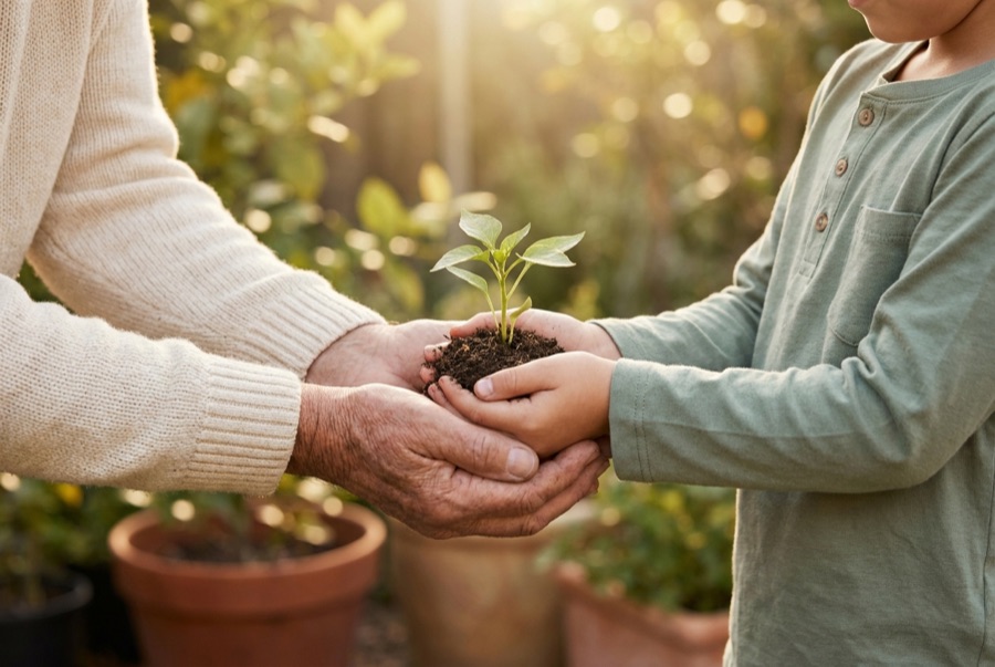 Mains d'un grand-parent et d'un enfant plantant une pousse